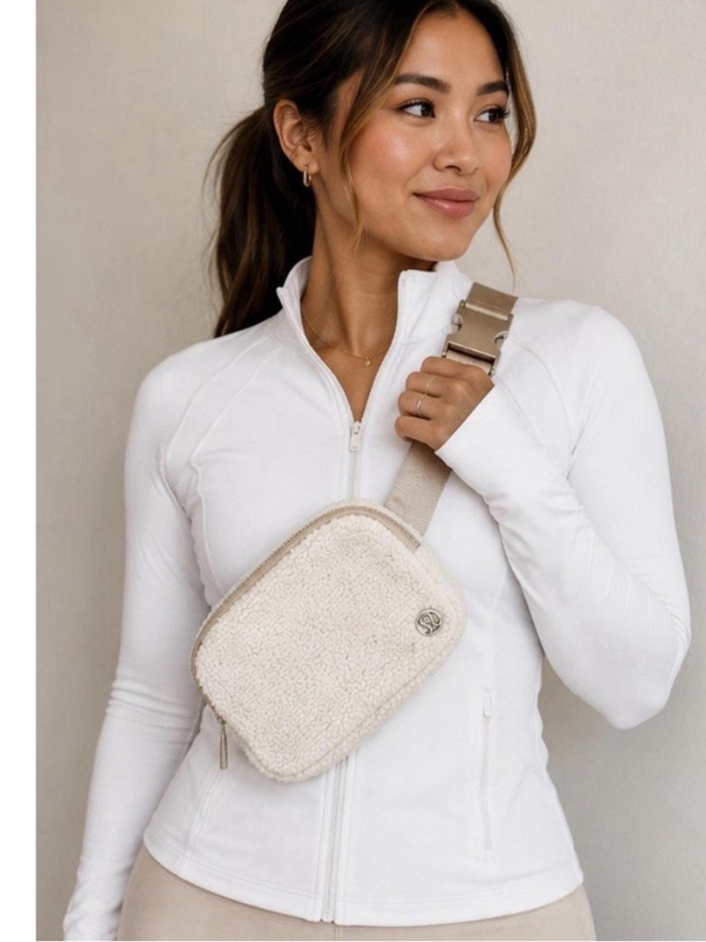 Women's Cream Sherpa Belt Bag with Gold Strap Unisex